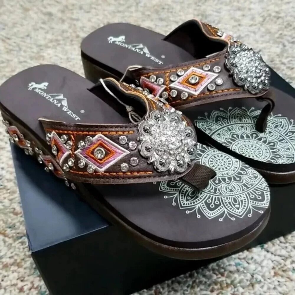 Montana West Flip Flops Western Wedge Sandals Summer Women's Shoes Aztec Brown